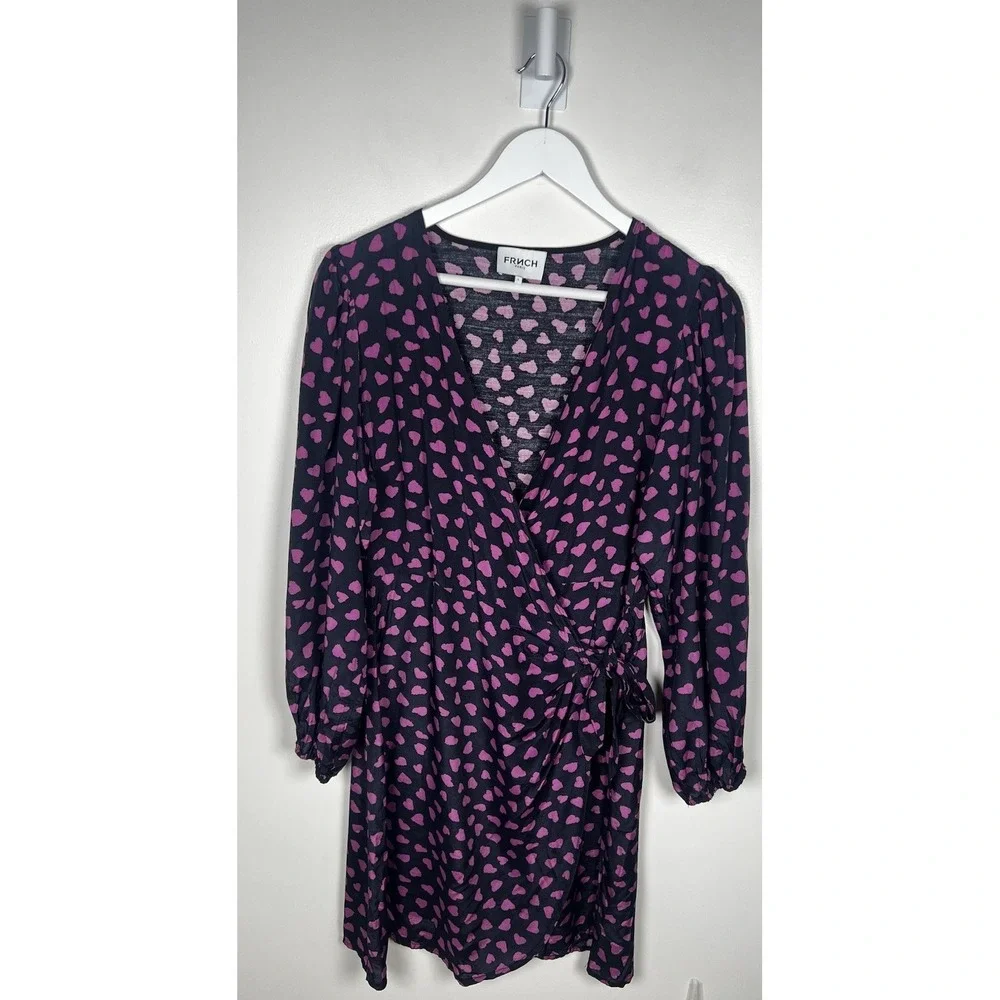 FRNCH Paris Size Small Acela‎ Blue Heart Print Mini Wrap Valentines V-Neck Dress